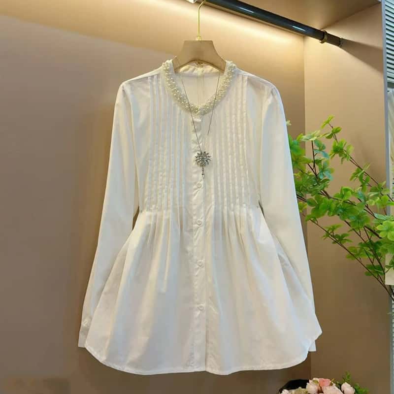 Pearl Collar Pleated Blouse