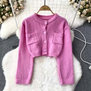 Pink Knitted Cropped Cardigan
