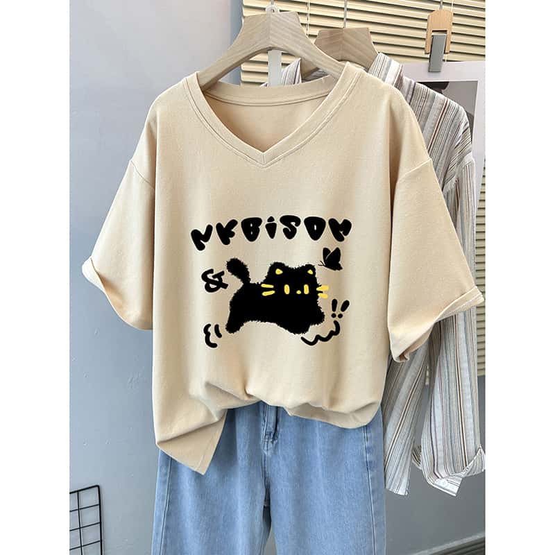 Playful Cat Print V-Neck T-Shirt